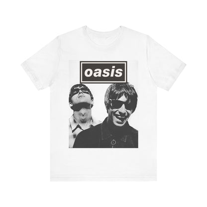 A black graphic t-shirt featuring a bold rock superstar graphic of Oasis.