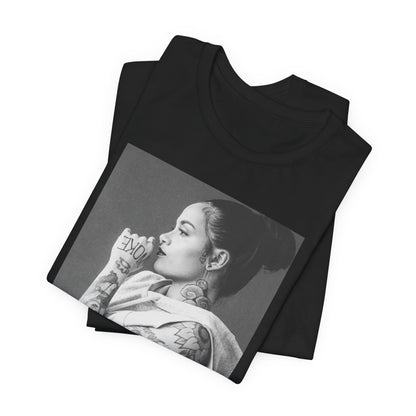 A black graphic t-shirt featuring a black and white, monochrome graphic or photo of Kehlani.