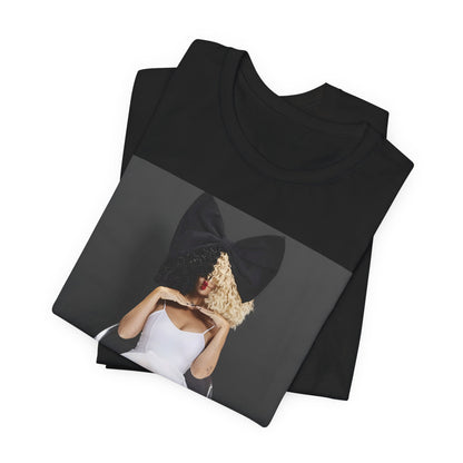 A black graphic t-shirt featuring a graphic of Sia's iconic wig style.
