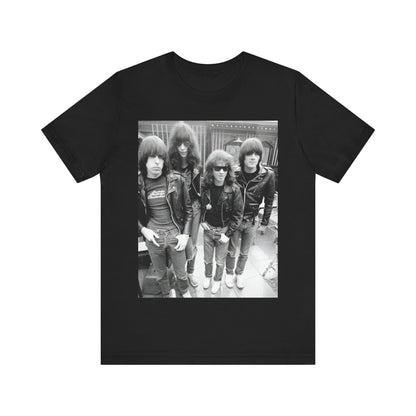 A black graphic t-shirt featuring a retro graphic related to Ramones' 'I Wanna Be Sedated' song or era.