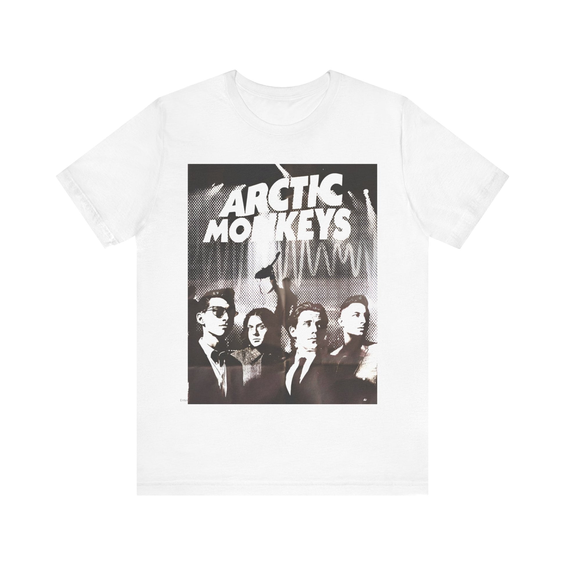 A black graphic t-shirt featuring a retro-style logo for the band Arctic Monkeys.