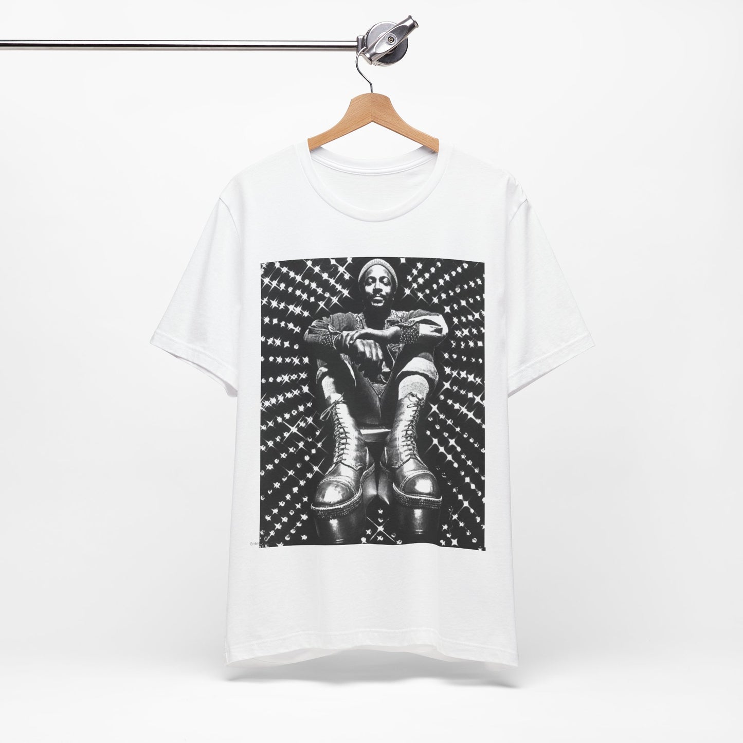 A black graphic t-shirt featuring a black and white vintage soul icon graphic of Marvin Gaye.