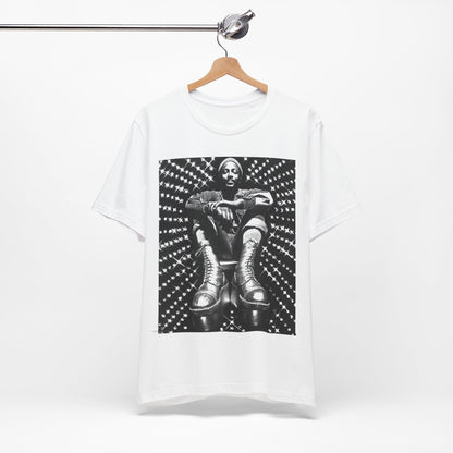A black graphic t-shirt featuring a black and white vintage soul icon graphic of Marvin Gaye.