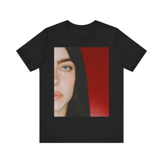 A classic, direct, black and white portrait of Billie Eilish, embodying a timeless aesthetic, printed on a graphic t-shirt.