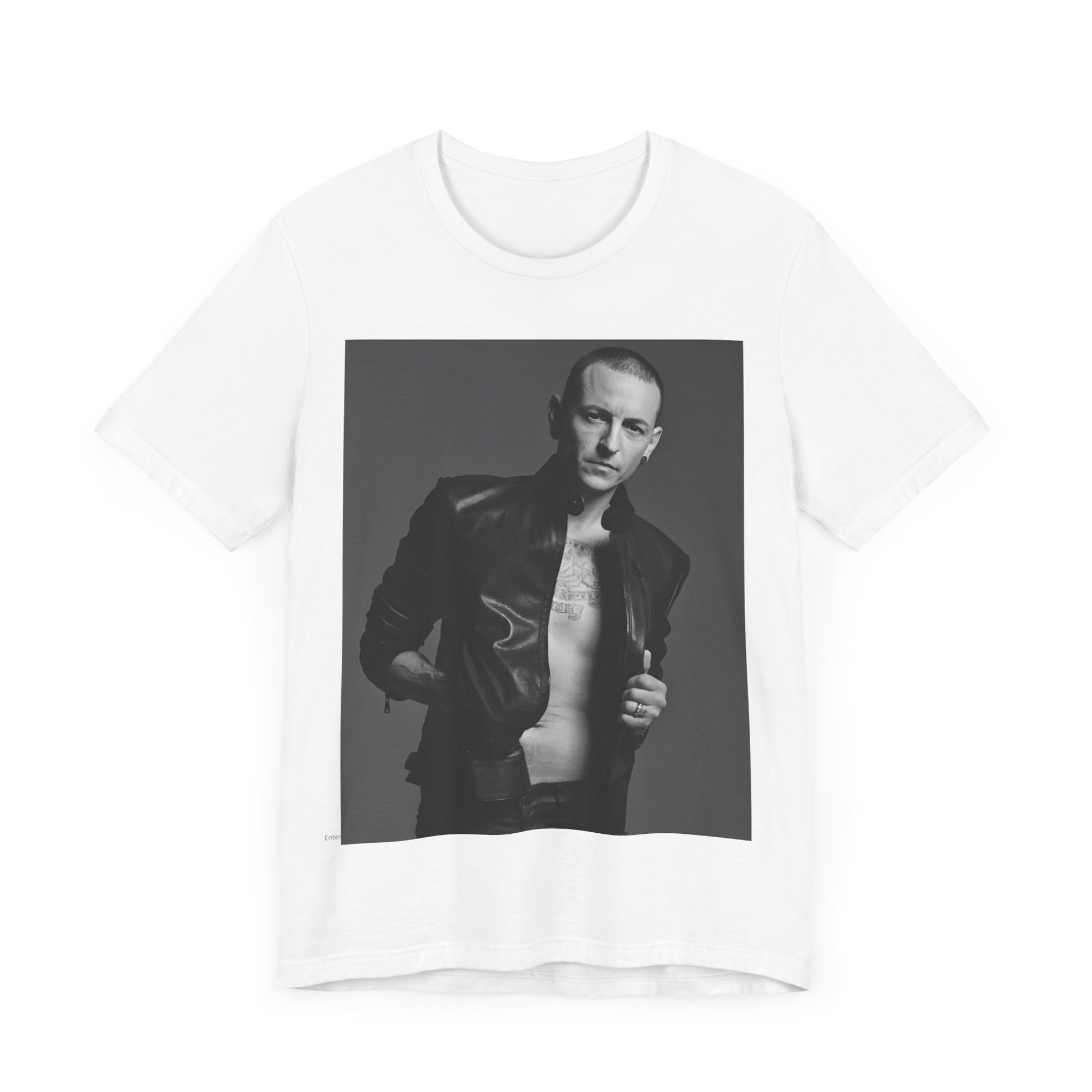 A black graphic t-shirt featuring a graphic of Chester Bennington from Linkin Park as a rock icon.