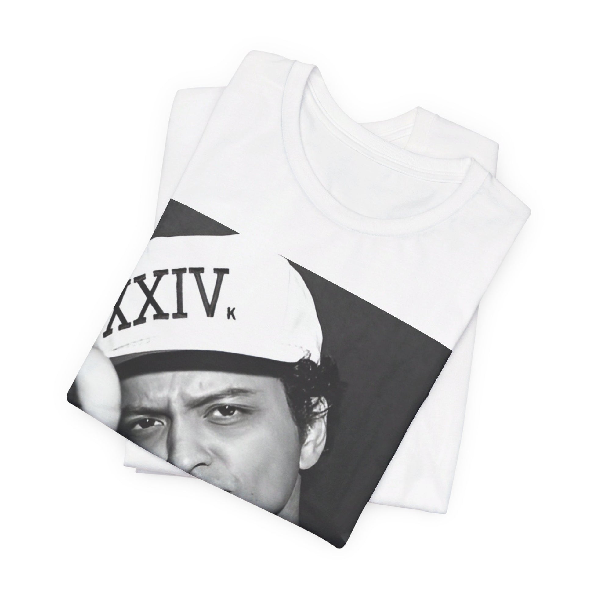 A black graphic t-shirt featuring a black and white photo of Bruno Mars, likely from his '24K Magic' (XXIV) era.