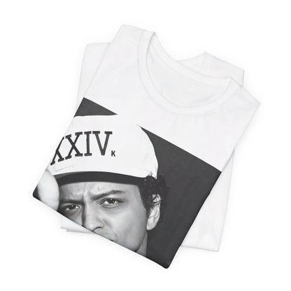 A black graphic t-shirt featuring a black and white photo of Bruno Mars, likely from his '24K Magic' (XXIV) era.
