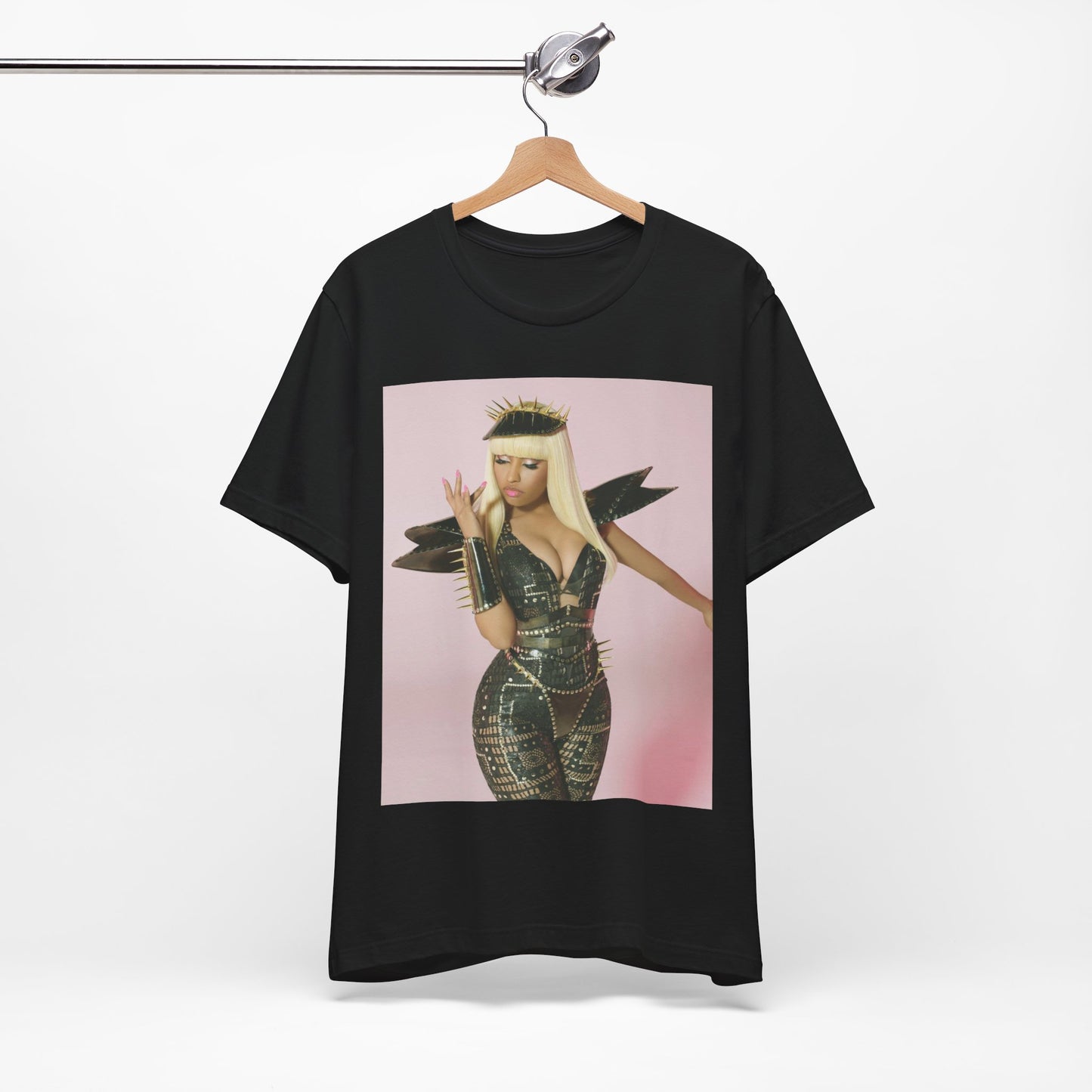 A black graphic t-shirt featuring a high fashion street vibe graphic of Nicki Minaj.