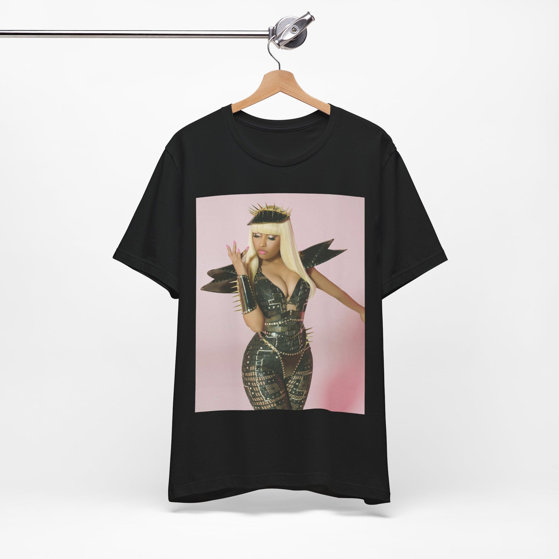 A black graphic t-shirt featuring a high fashion street vibe graphic of Nicki Minaj.