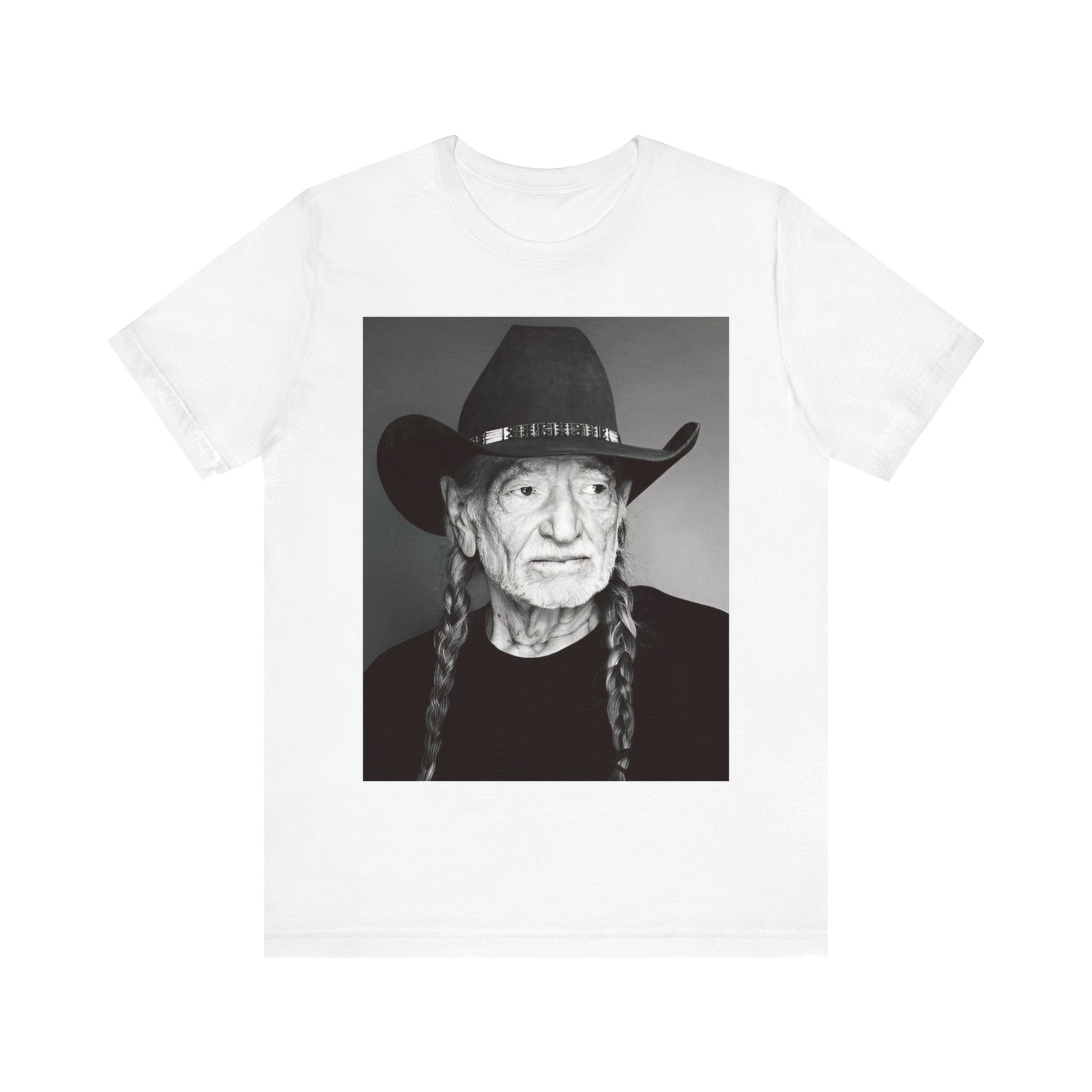A black graphic t-shirt featuring a graphic of Willie Nelson with his iconic guitar 'Trigger'.