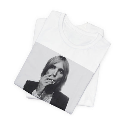 A black graphic t-shirt featuring a black and white graphic or photo of Tom Petty as a Southern rock icon.