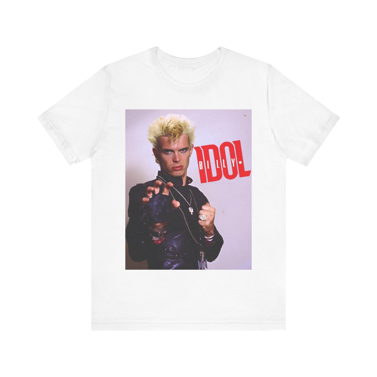 A black graphic t-shirt featuring a graphic of Billy Idol in an iconic rock pose from the 1980s.