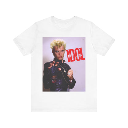 A black graphic t-shirt featuring a graphic of Billy Idol in an iconic rock pose from the 1980s.
