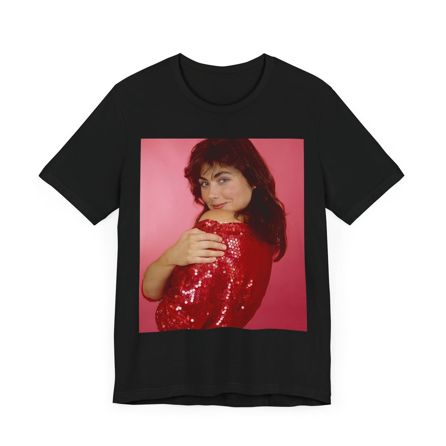 A black graphic t-shirt featuring a vintage graphic related to Laura Branigan's 'Self Control' song or era.