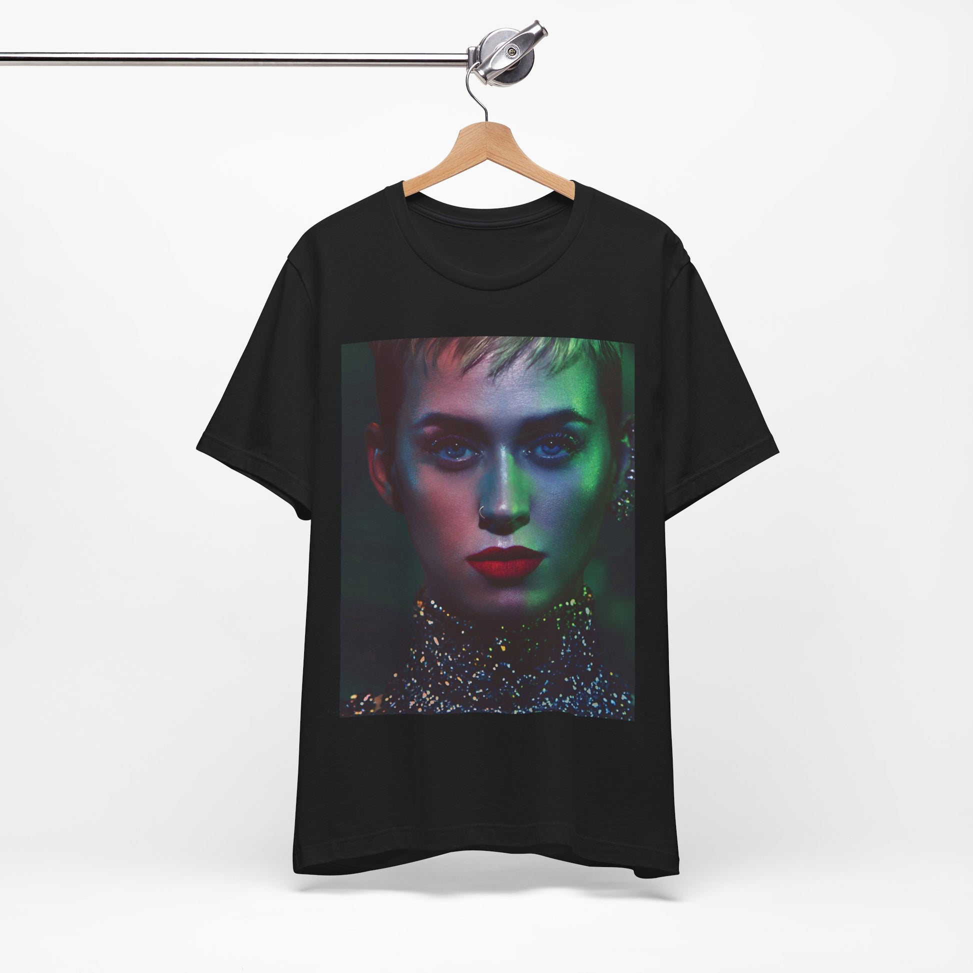 A black graphic t-shirt featuring a neon aesthetic graphic of Katy Perry.