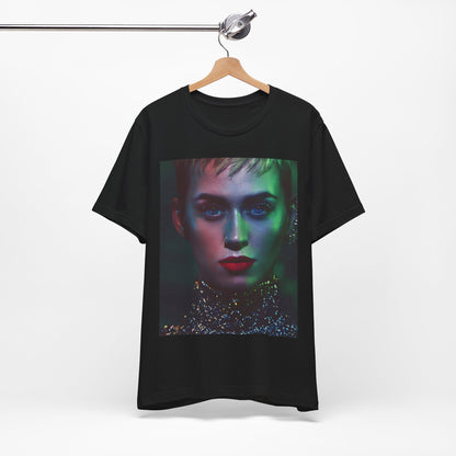 A black graphic t-shirt featuring a neon aesthetic graphic of Katy Perry.