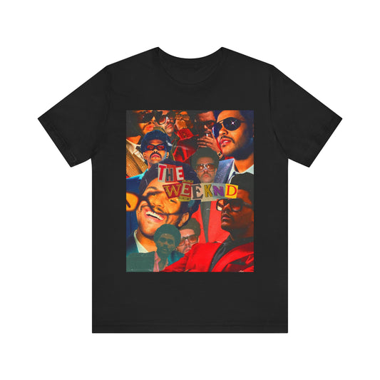 A black graphic t-shirt featuring a collage graphic of The Weeknd.