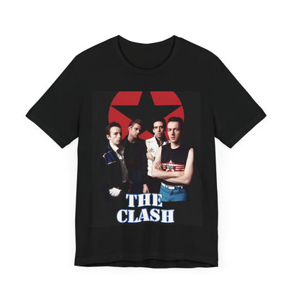 A black graphic t-shirt featuring a graphic related to The Clash's 'Should I Stay or Should I Go' song or era.