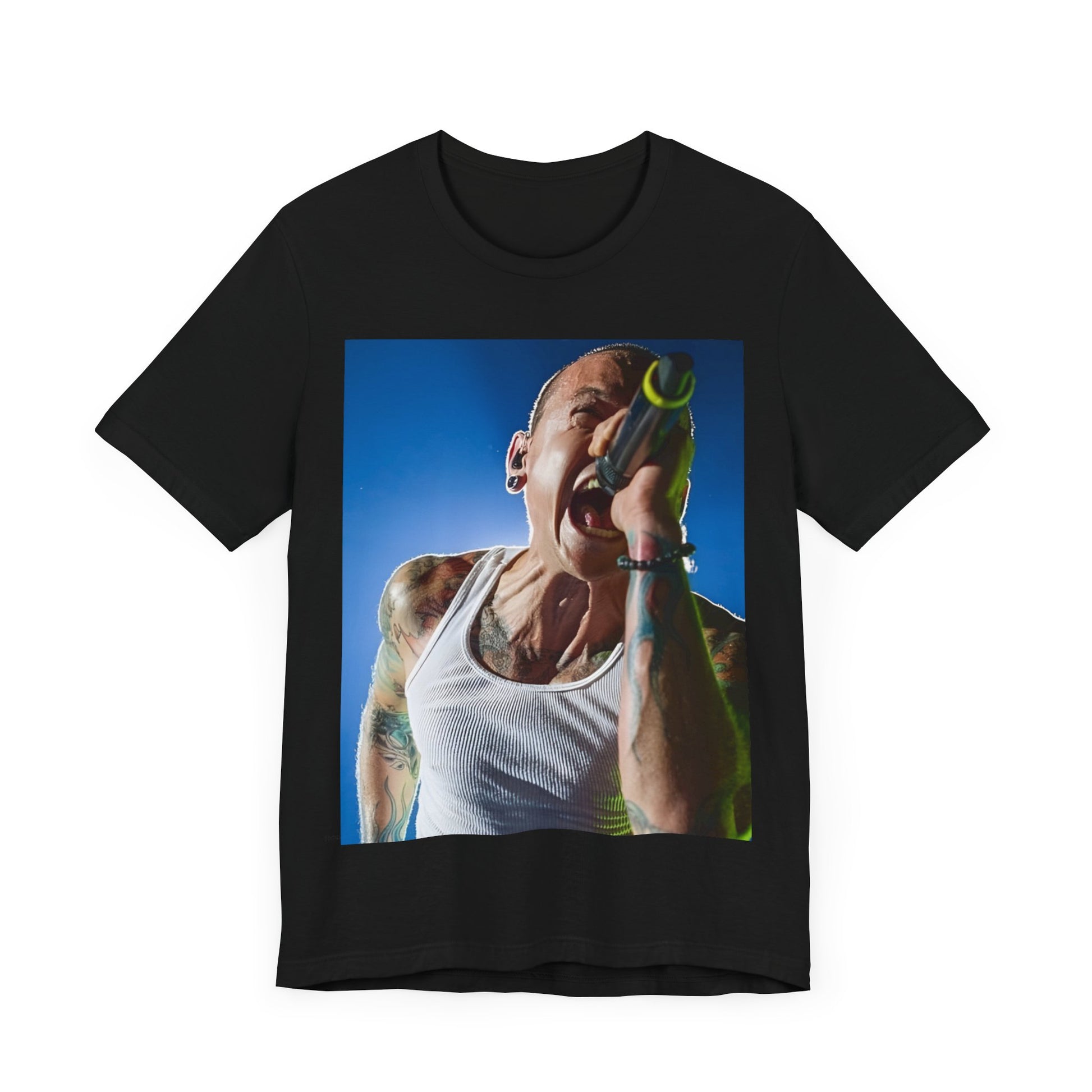 A black graphic t-shirt featuring a retro graphic of Linkin Park performing live.