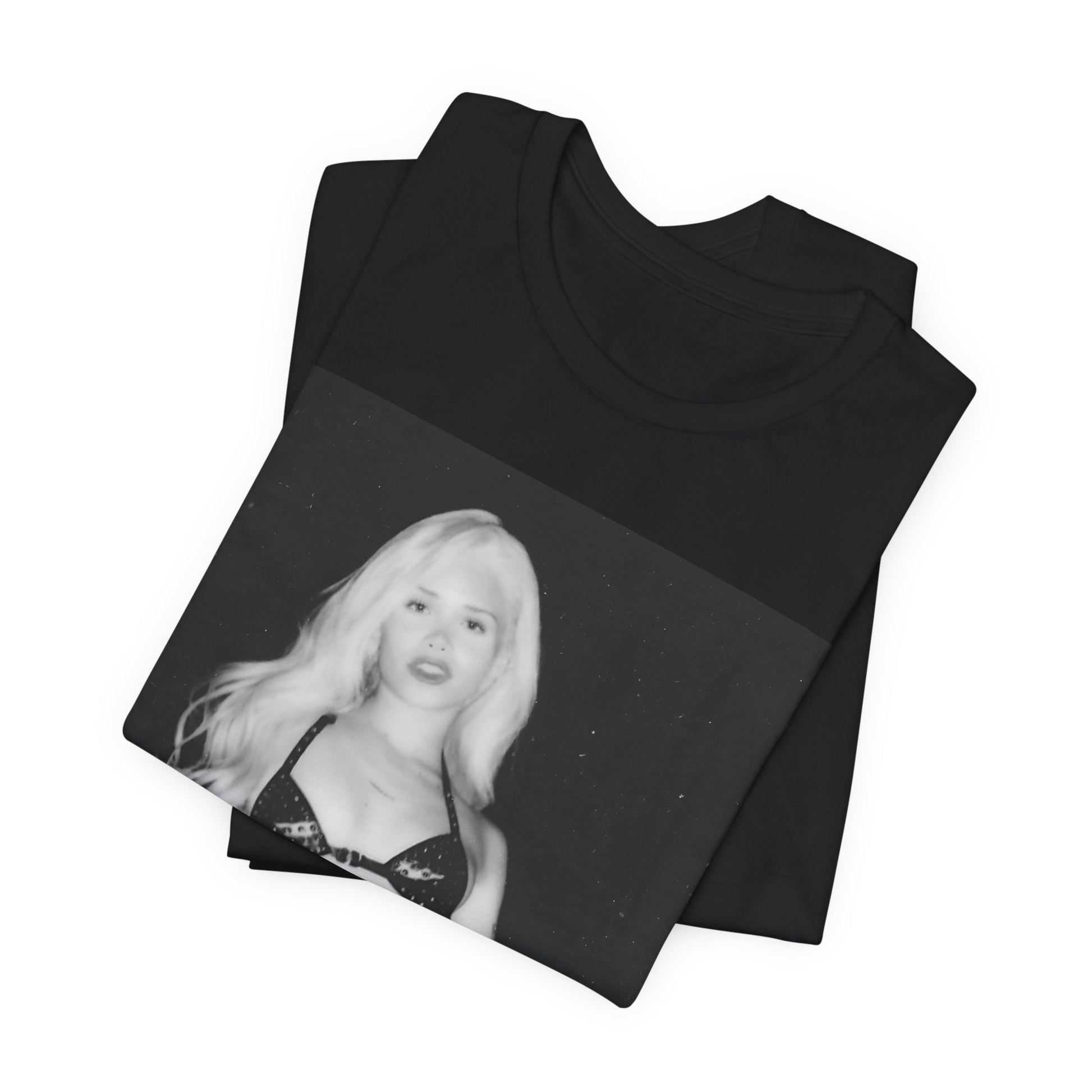 A black graphic t-shirt featuring a black and white portrait photo of Nessa Barrett.