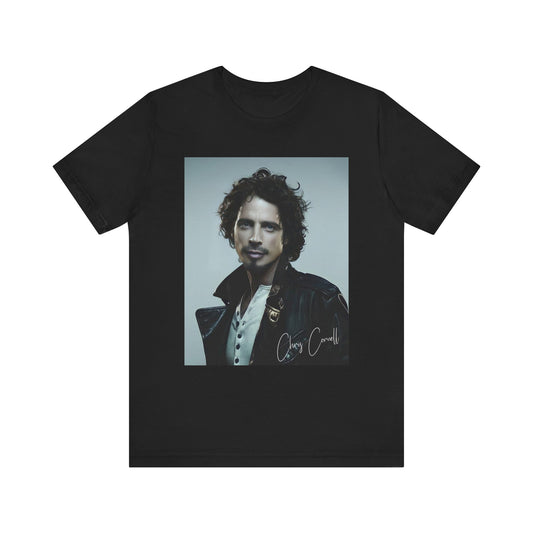 A black graphic t-shirt featuring a graphic related to Chris Cornell's song 'Like a Stone'.