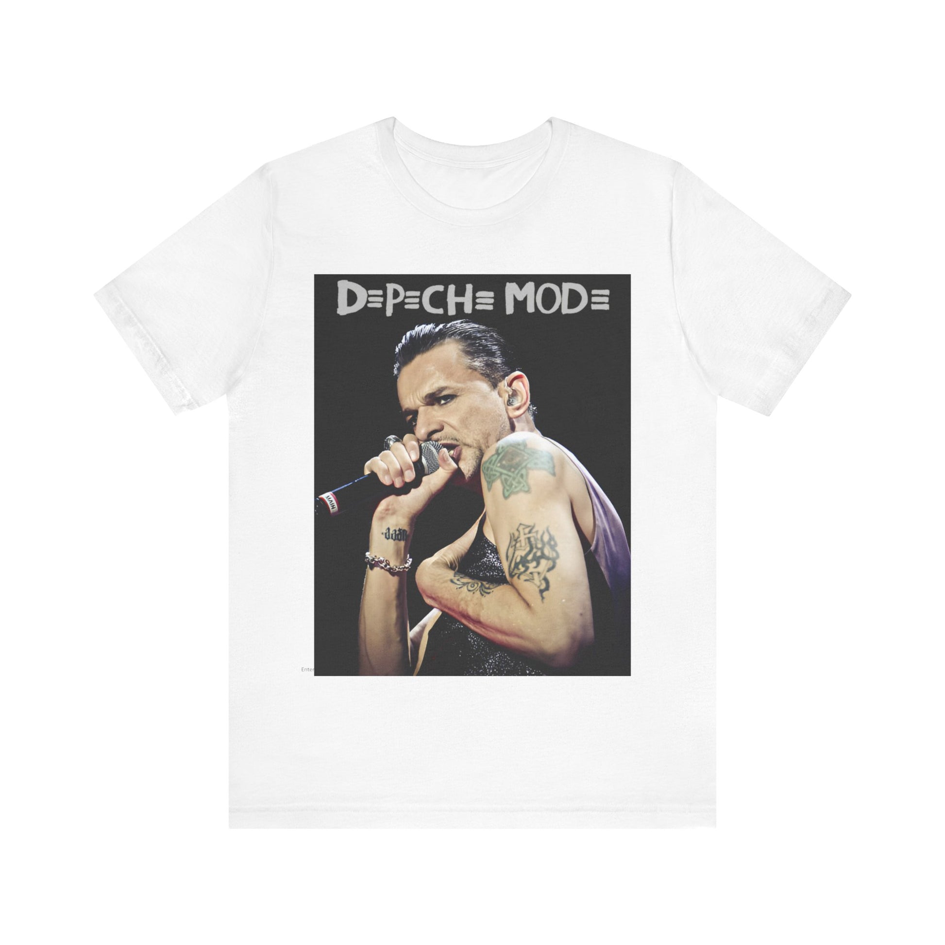 A black graphic t-shirt featuring a graphic of Dave Gahan from Depeche Mode, emphasizing his dynamic stage presence.
