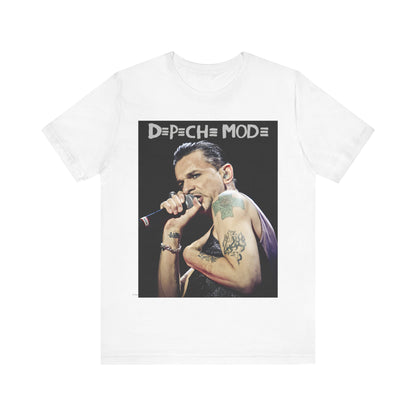 A black graphic t-shirt featuring a graphic of Dave Gahan from Depeche Mode, emphasizing his dynamic stage presence.