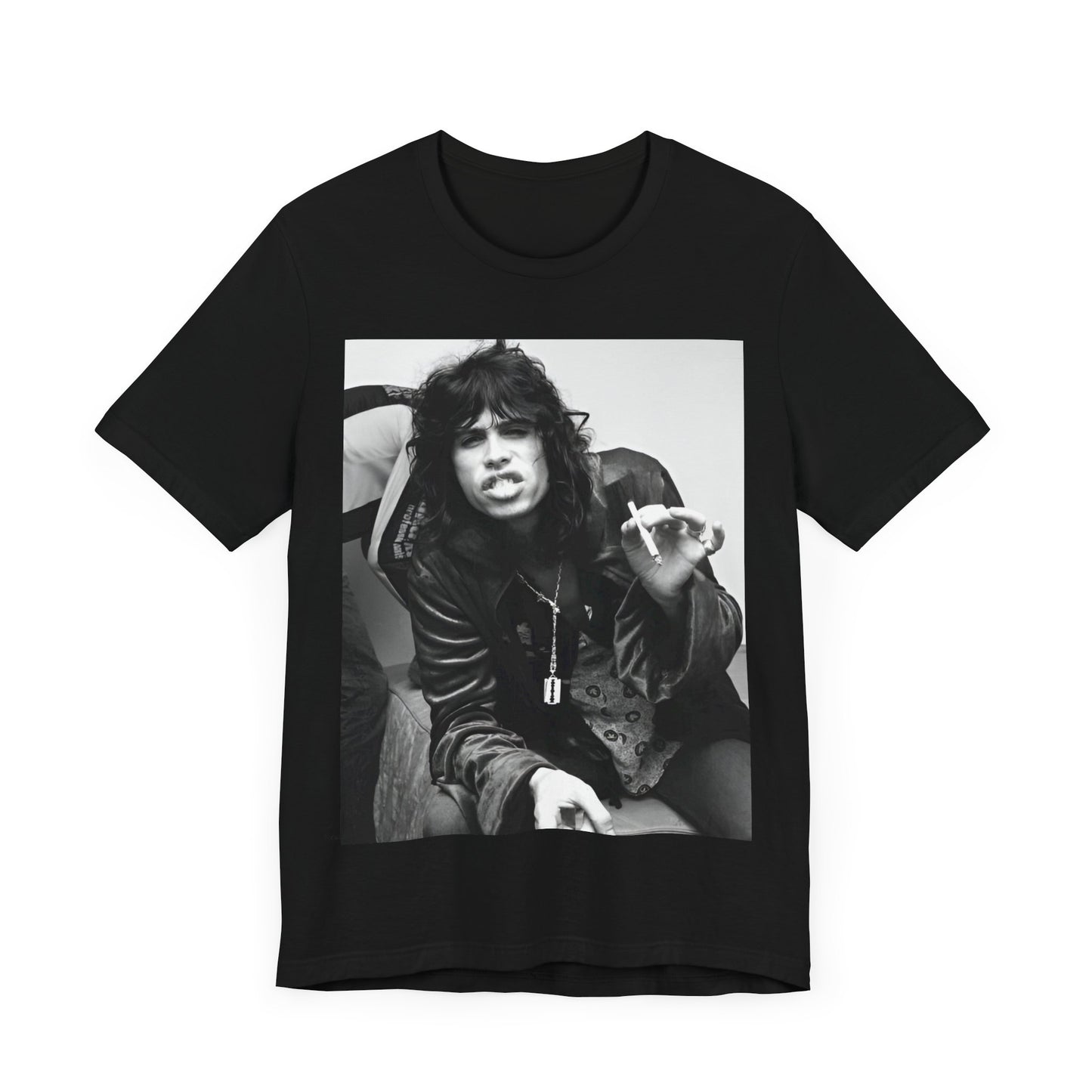 A black graphic t-shirt featuring a retro 70s photo of Aerosmith band members lounging in leather, exuding a cool, classic rock vibe.