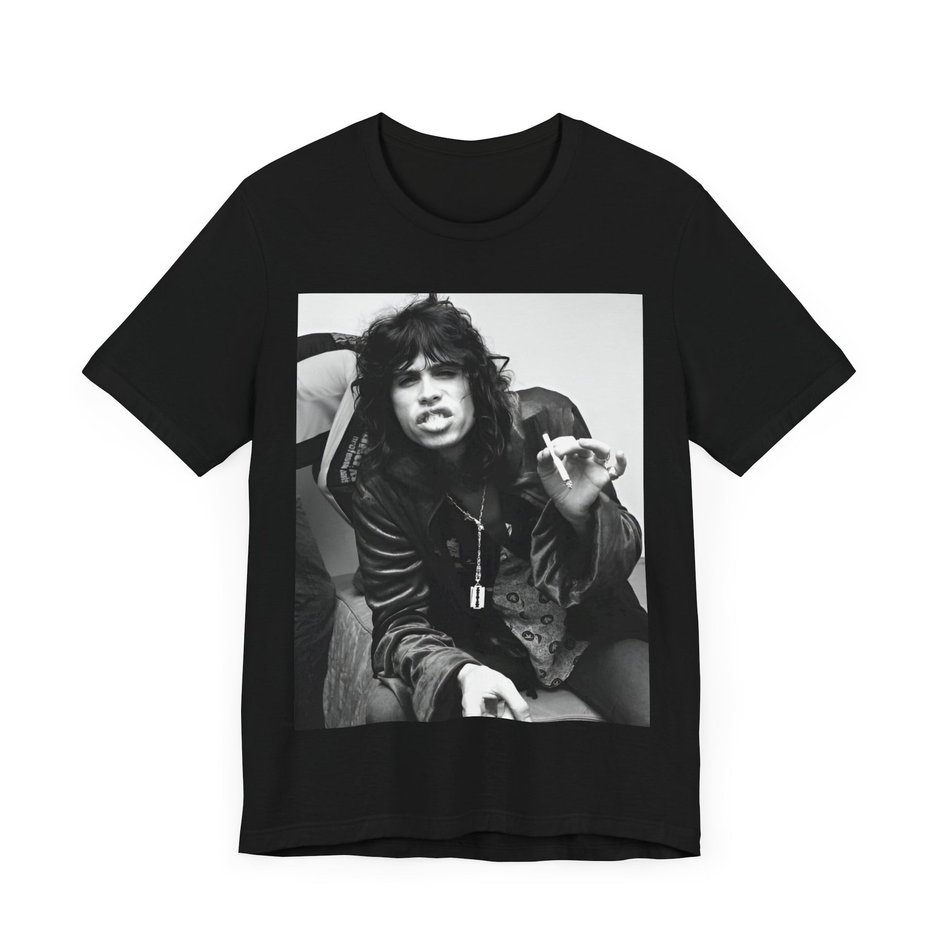 A black graphic t-shirt featuring a retro 70s photo of Aerosmith band members lounging in leather, exuding a cool, classic rock vibe.