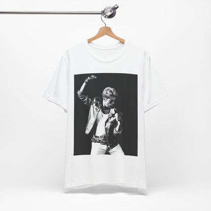 A black graphic t-shirt featuring an iconic black and white portrait photo of George Michael.