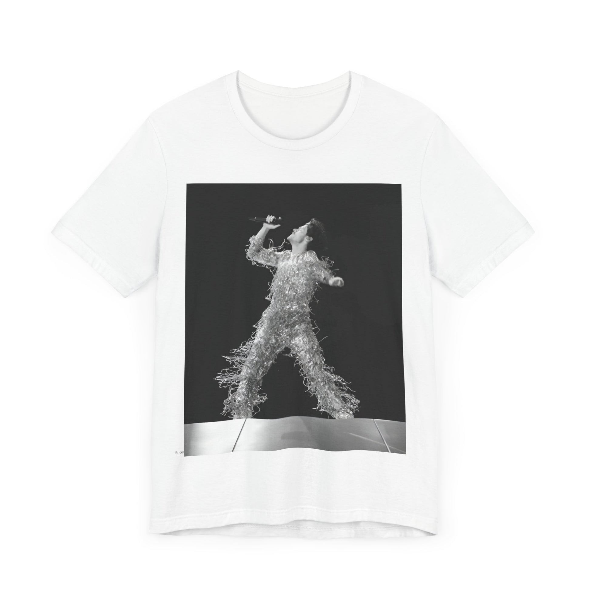 A black graphic t-shirt featuring a boxy pop aesthetic graphic of Harry Styles.