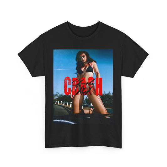 A black graphic t-shirt featuring a graphic related to Charli XCX's 'Crash' album.