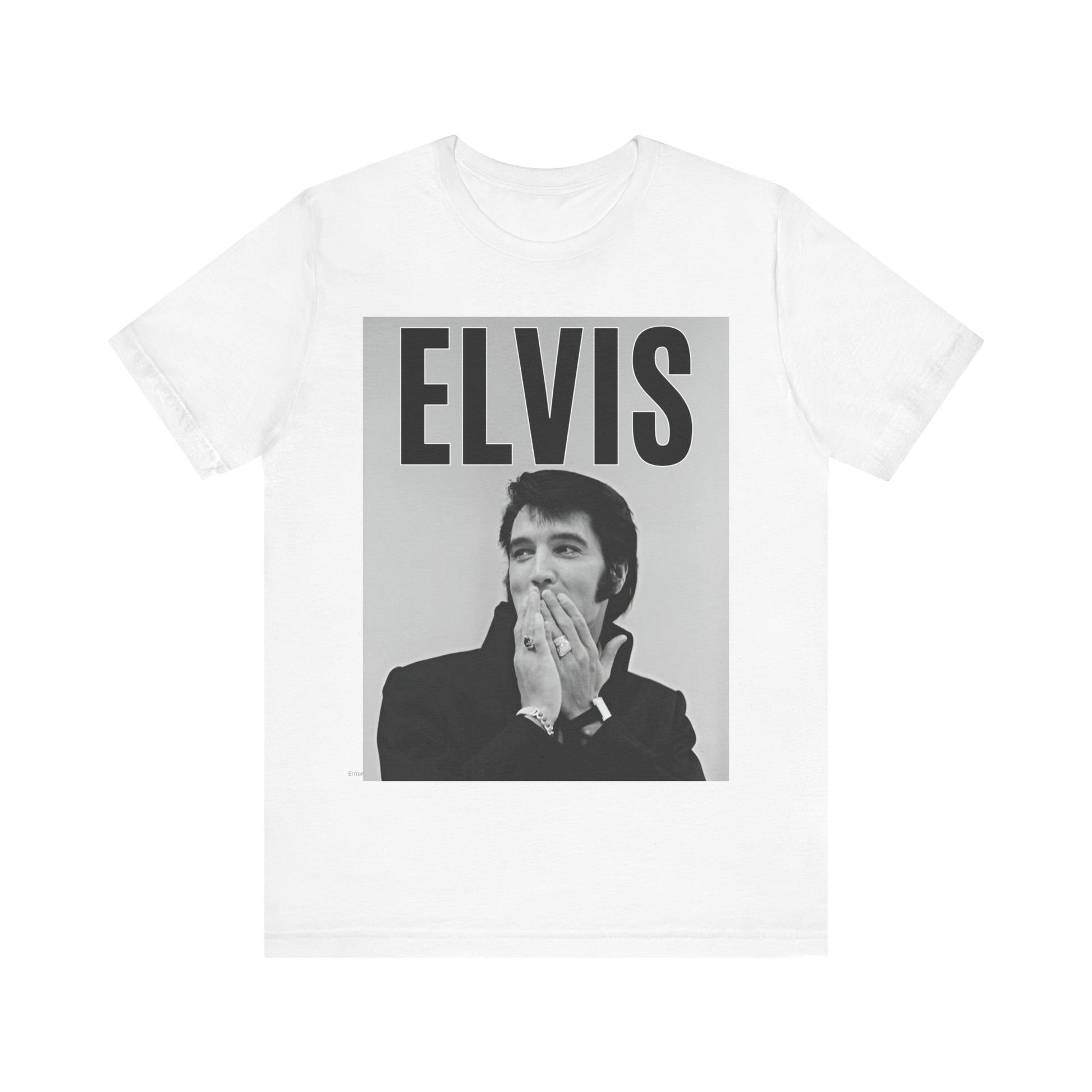 A black graphic t-shirt featuring a retro graphic of Elvis Presley as a 'Rebel With A Cause.'
