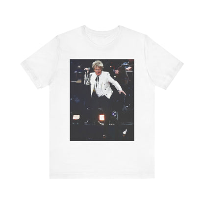 A black graphic t-shirt featuring a graphic or photo of Rod Stewart performing live in a 2005 concert.