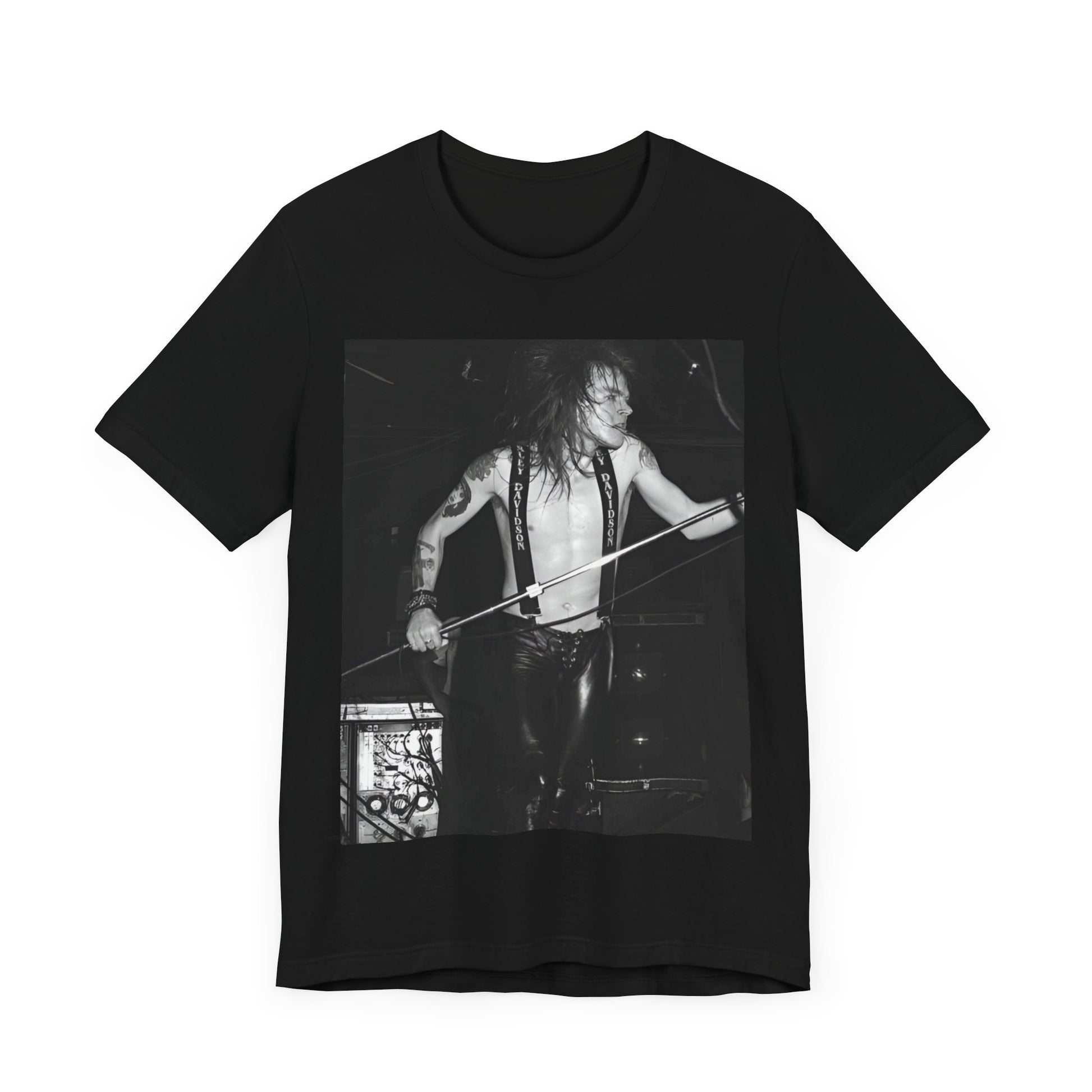 A black graphic t-shirt featuring a graphic of Axl Rose from Guns N' Roses from the 80s as the frontman.