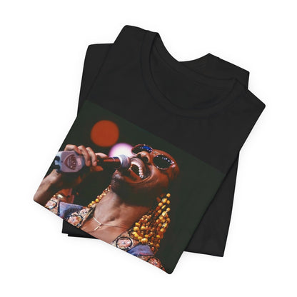A black graphic t-shirt featuring a 70s vintage soul icon graphic of Stevie Wonder.
