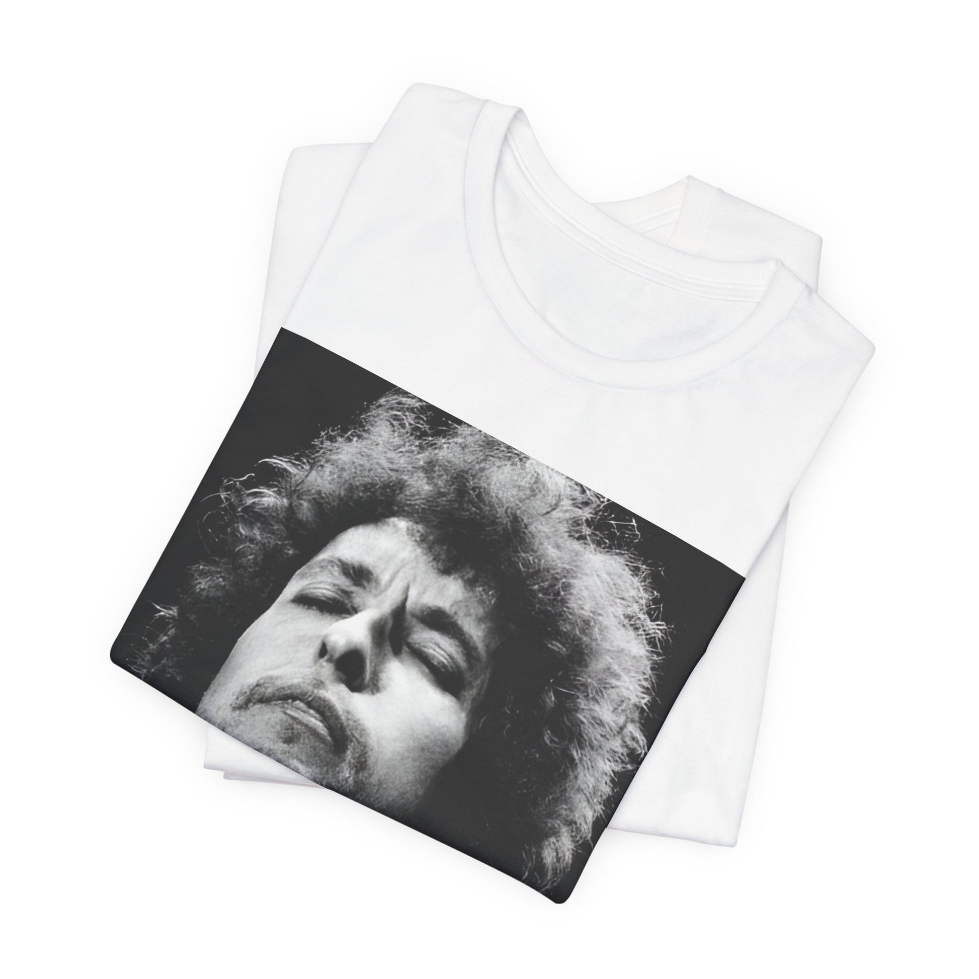 A black graphic t-shirt featuring a retro black and white graphic or photo of Bob Dylan performing live.