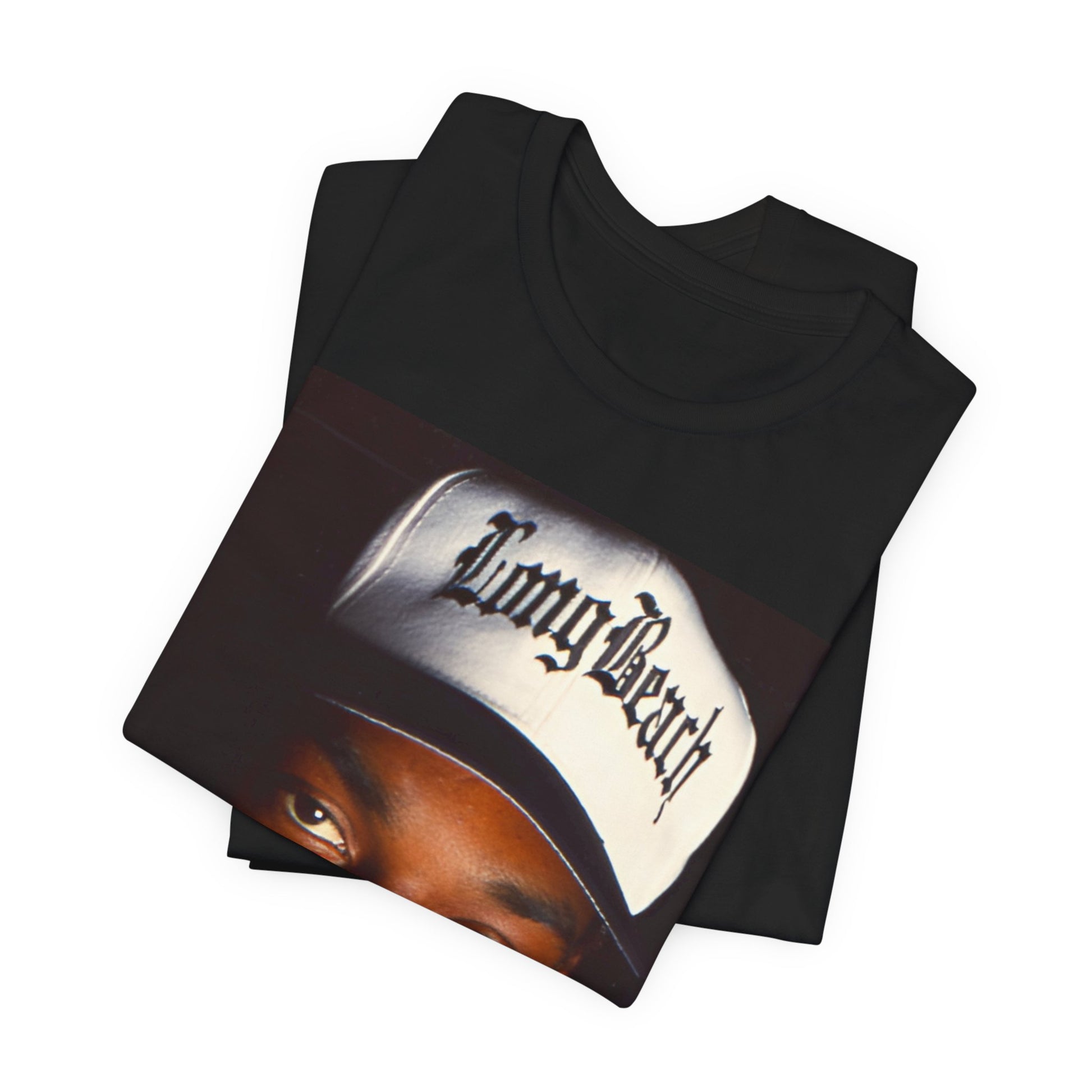 A black graphic t-shirt featuring a graphic of Snoop Dogg with Long Beach vibes.