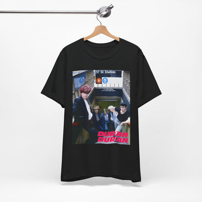 A black graphic t-shirt featuring an 80s photo of Duran Duran in a subway station.