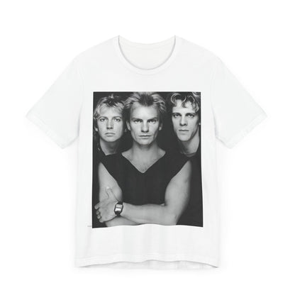A black graphic t-shirt featuring a graphic related to The Police's 'Every Breath You Take' song or era.