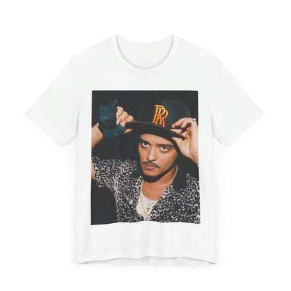 A black graphic t-shirt featuring a vintage photo of Bruno Mars wearing a hat or cap with 'RR' initials.