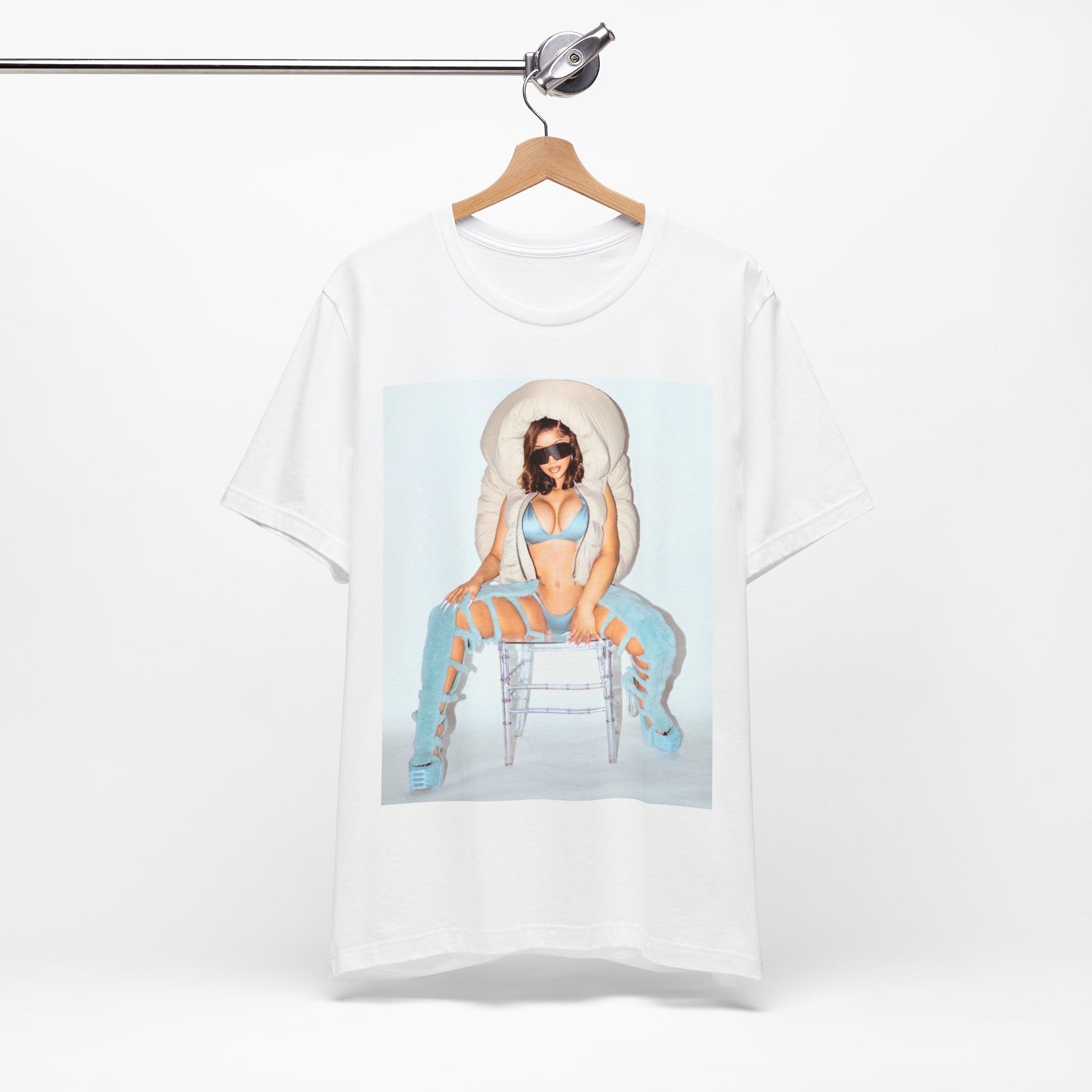 A black graphic t-shirt featuring a glamorous photo portrait of Cardi B.