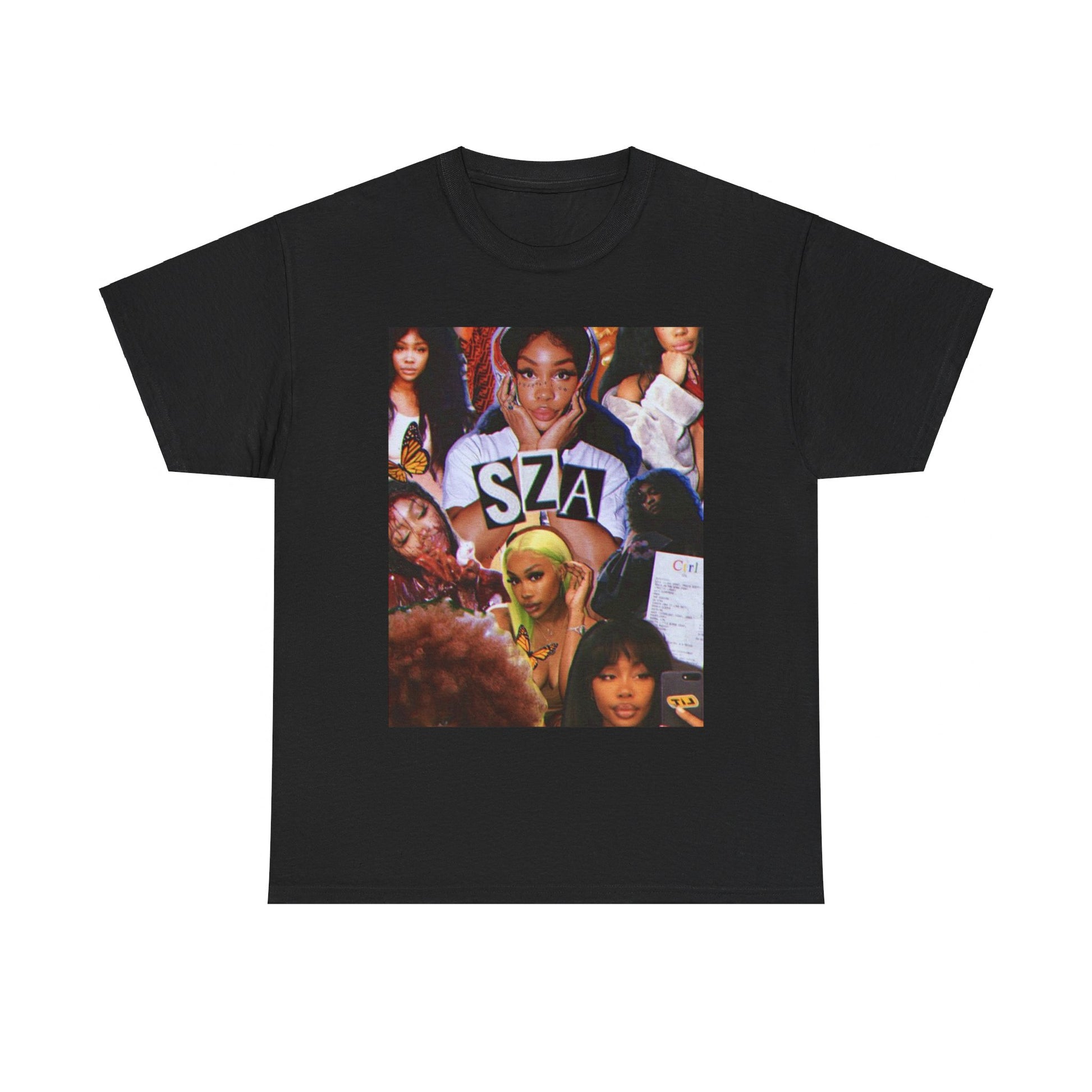 A black graphic t-shirt featuring a bootleg graphic of SZA.