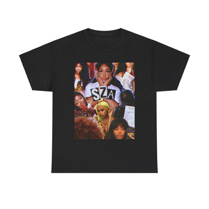 A black graphic t-shirt featuring a bootleg graphic of SZA.