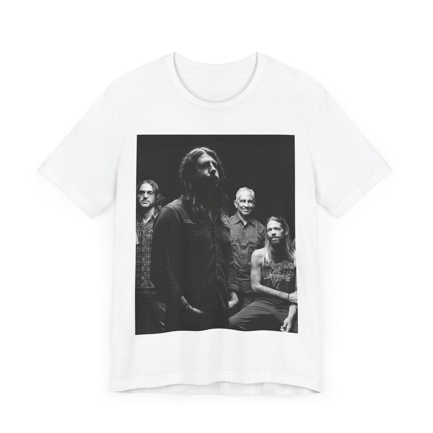 A black graphic t-shirt featuring a black and white, monochrome graphic or photo of Foo Fighters.