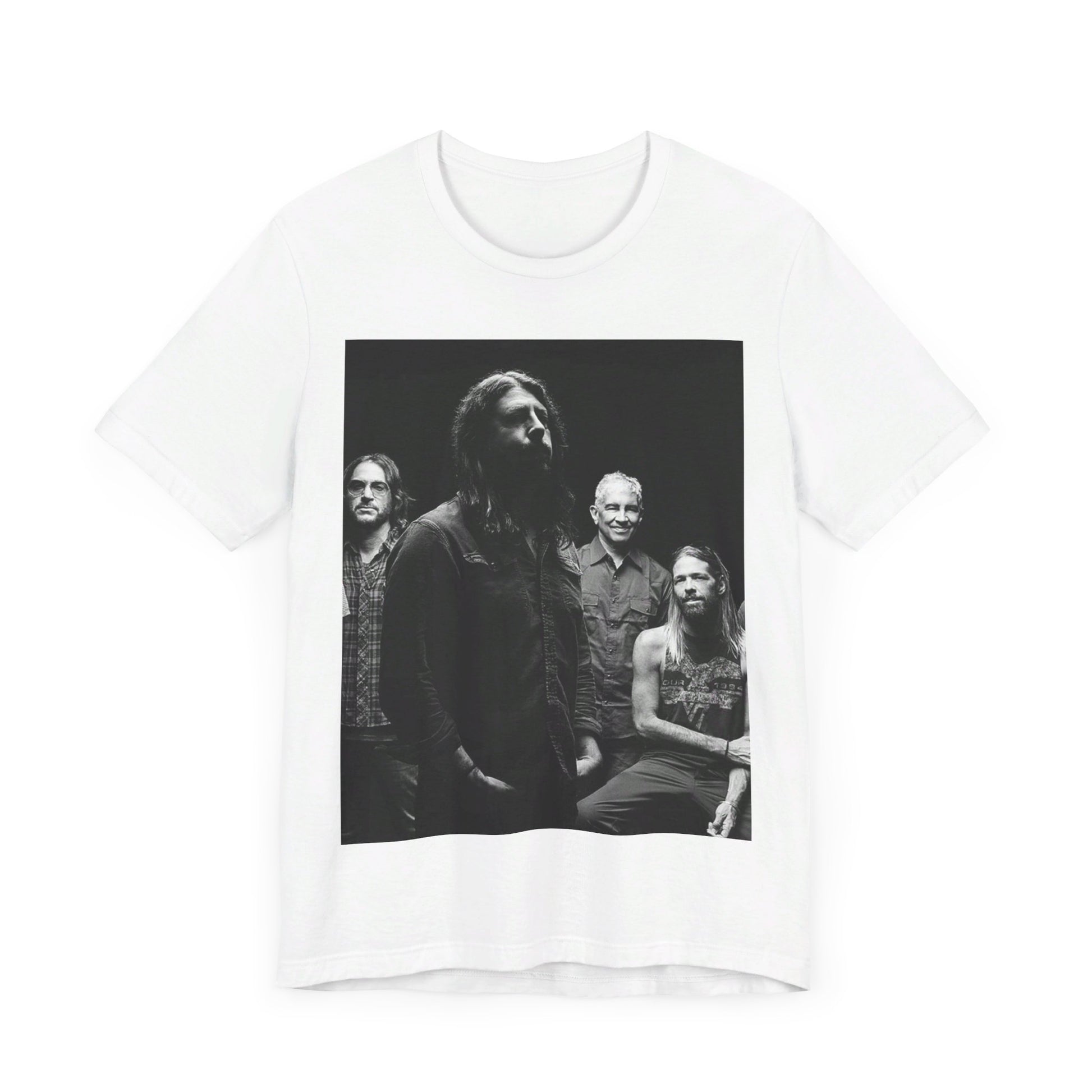 A black graphic t-shirt featuring a black and white, monochrome graphic or photo of Foo Fighters.