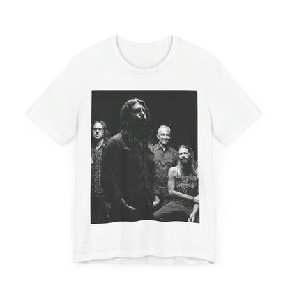 A black graphic t-shirt featuring a black and white, monochrome graphic or photo of Foo Fighters.