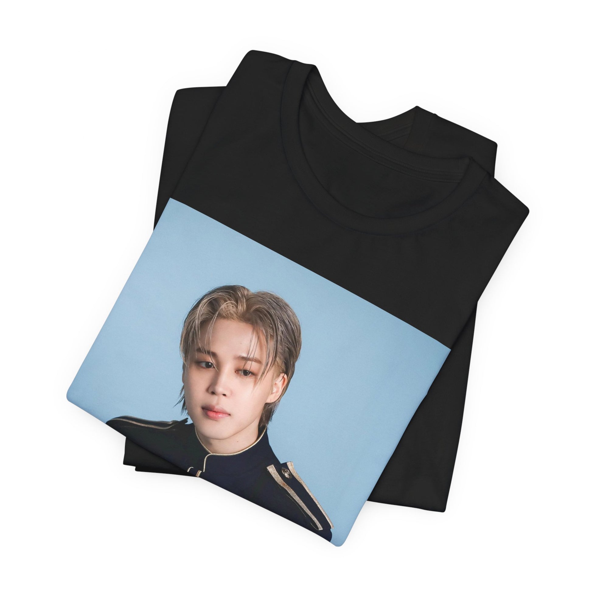A black graphic t-shirt featuring a graphic related to Jimin's 'FACE' album era.