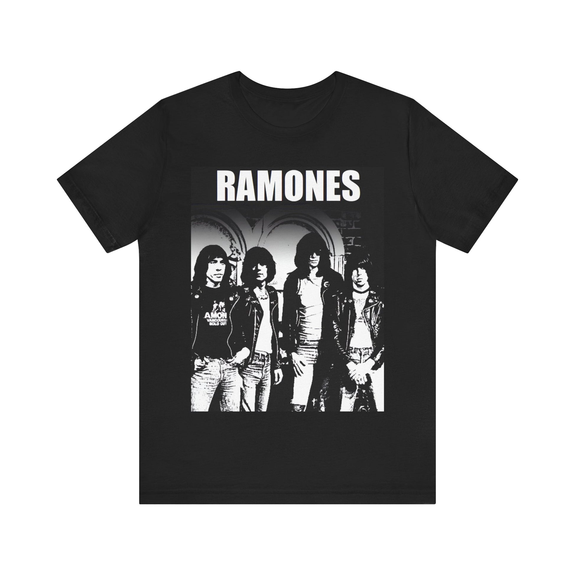 A black graphic t-shirt featuring a graphic of the Ramones as punk rock pioneers.