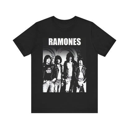 A black graphic t-shirt featuring a graphic of the Ramones as punk rock pioneers.